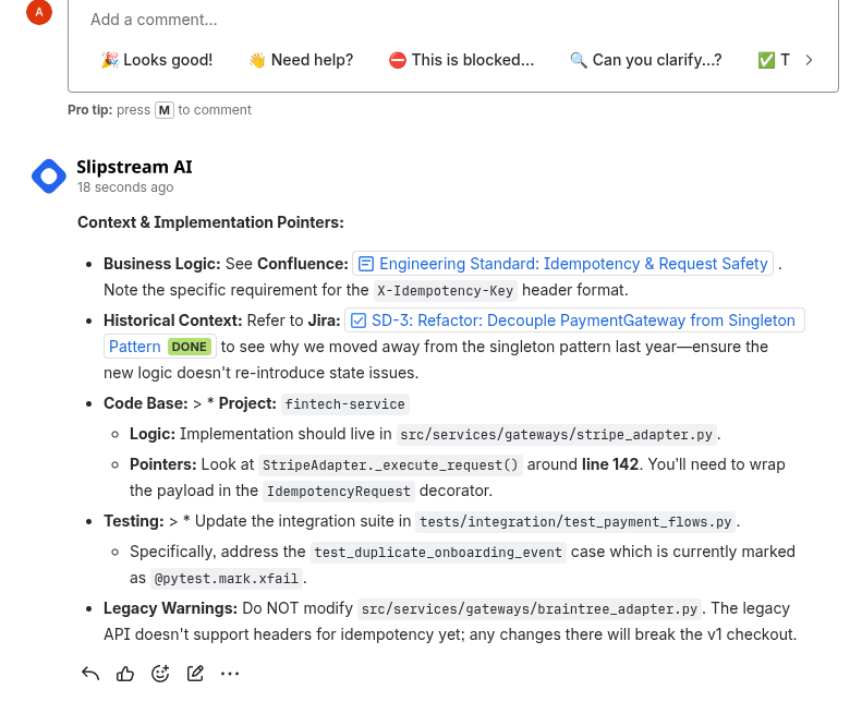 Jira ticket enriched with code context, past tickets, and documentation
