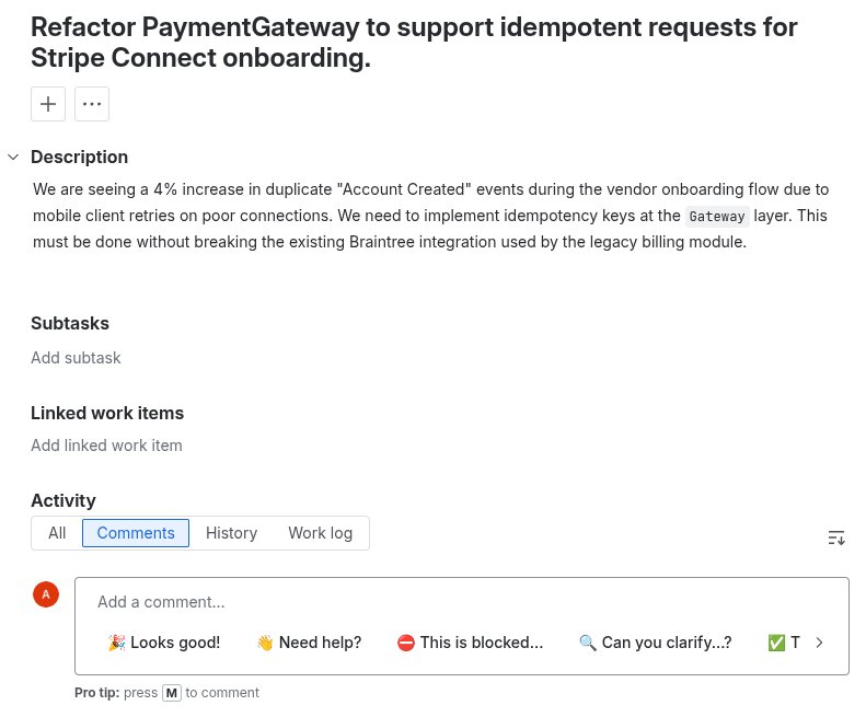 A Jira ticket without implementation context